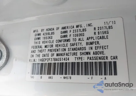 2011 Honda Accord 2.4 Lx z USA, uszkodzony, nr VIN 1HGCP2F37BA051404